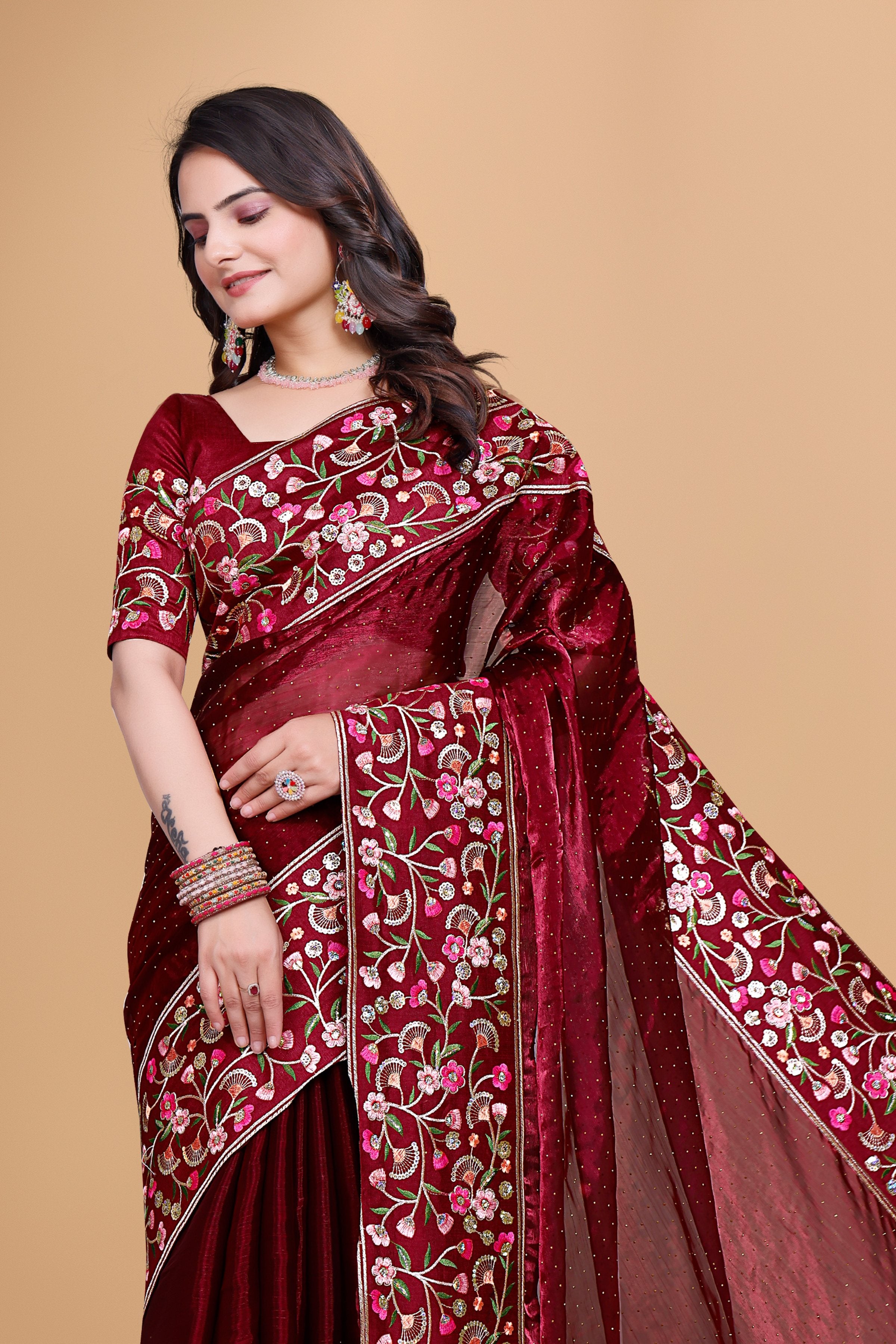 Maroon Chiffon Floral Embroidery With Resham Thread & Sequence Work Saree