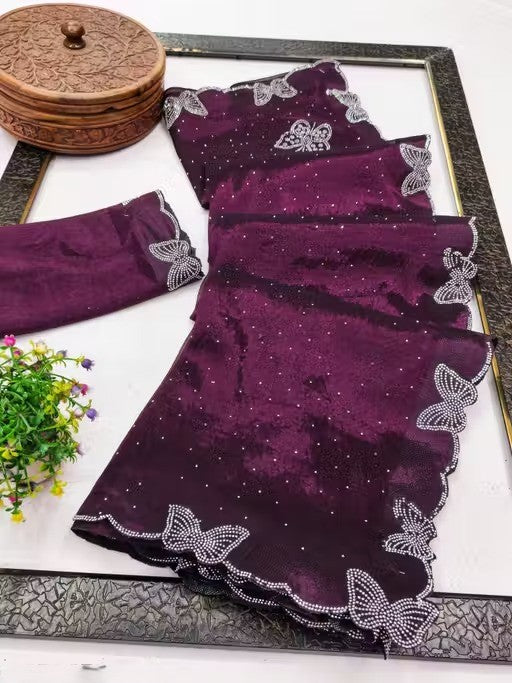 Wine Shimmer Tissue Saree with Butterfly Hotfix Lace Border