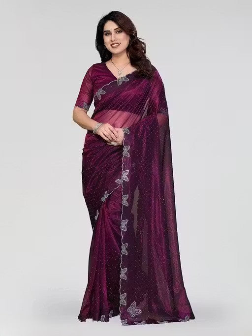 Wine Shimmer Tissue Saree with Butterfly Hotfix Lace Border