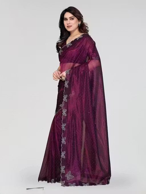 Wine Shimmer Tissue Saree with Butterfly Hotfix Lace Border