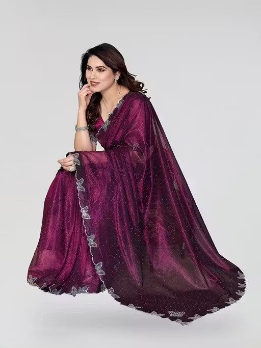 Wine Shimmer Tissue Saree with Butterfly Hotfix Lace Border
