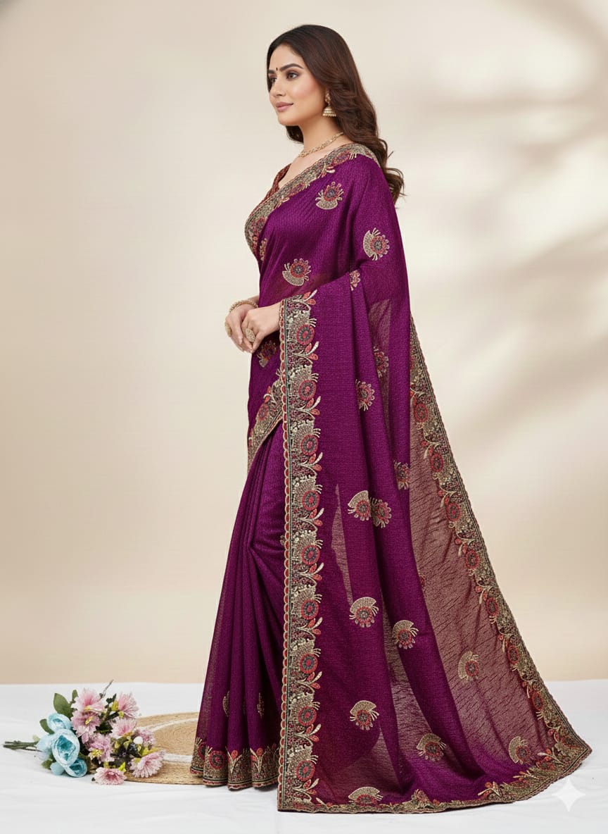 Magenta Embroidered Lycra Designer Saree