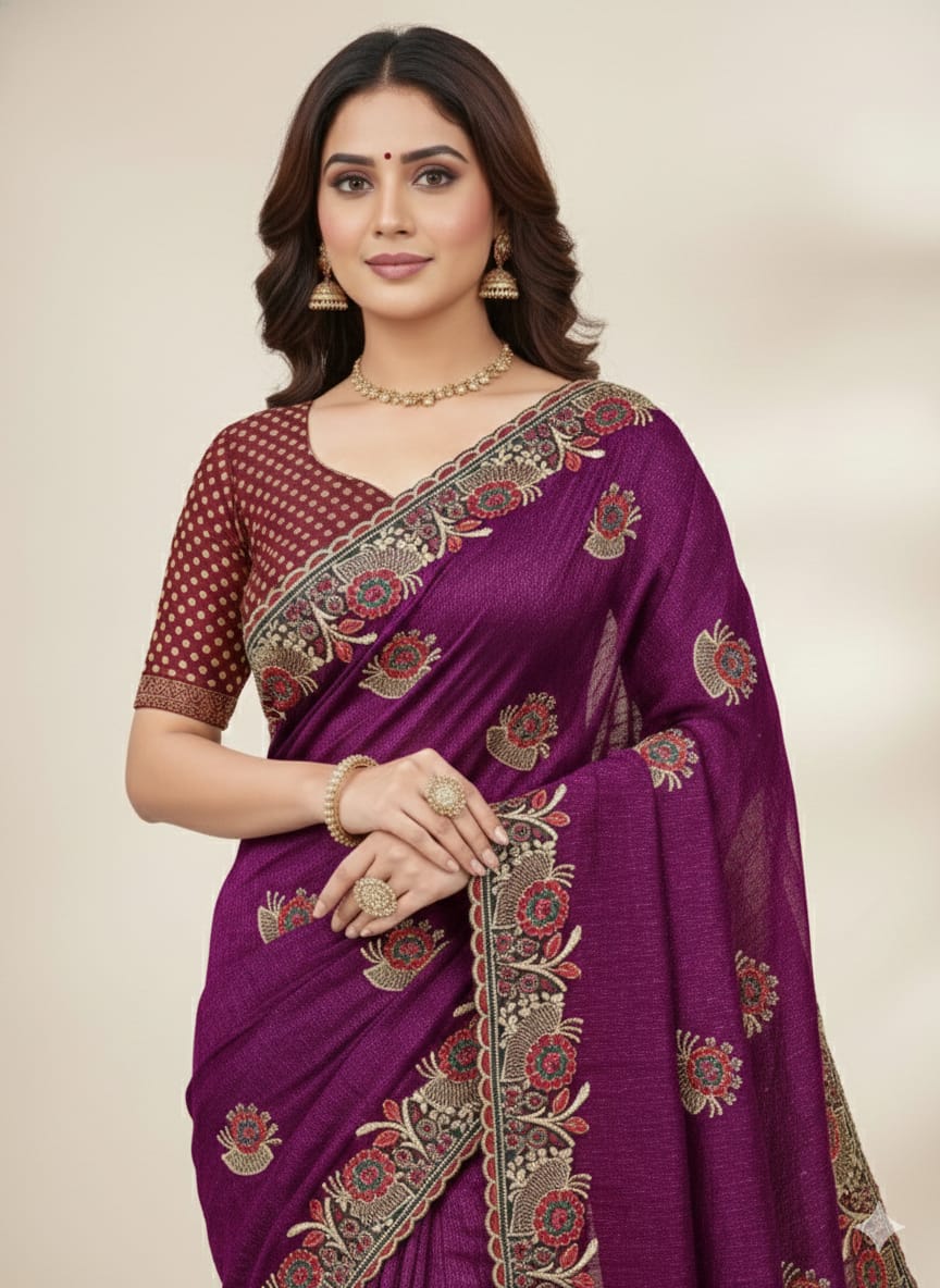 Magenta Embroidered Lycra Designer Saree