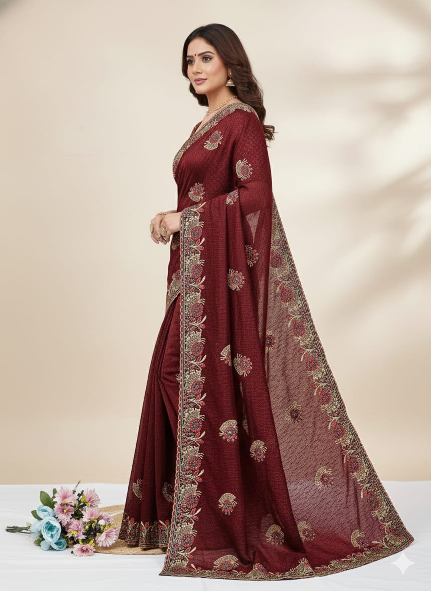 Maroon Embroidered Lycra Designer Saree