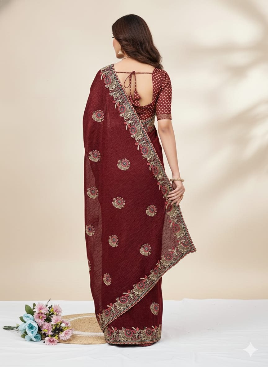 Maroon Embroidered Lycra Designer Saree