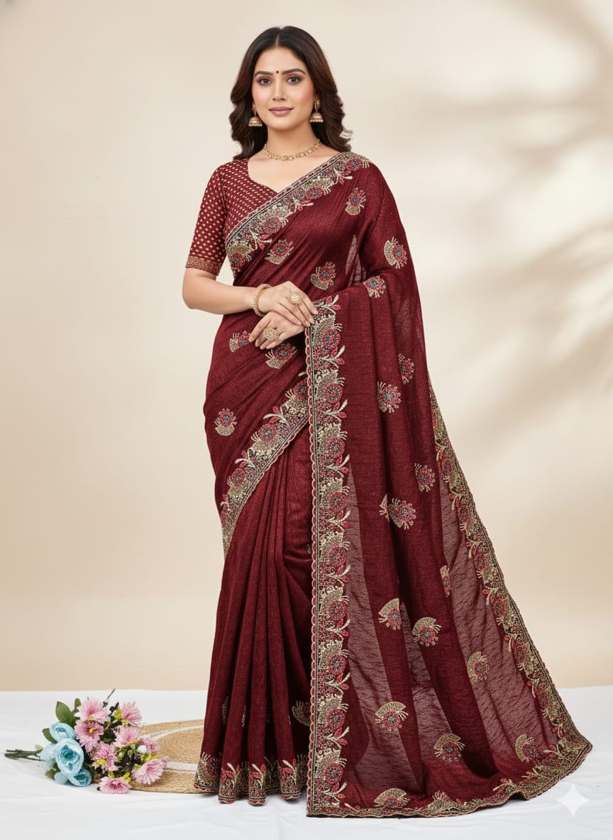 Maroon Embroidered Lycra Designer Saree