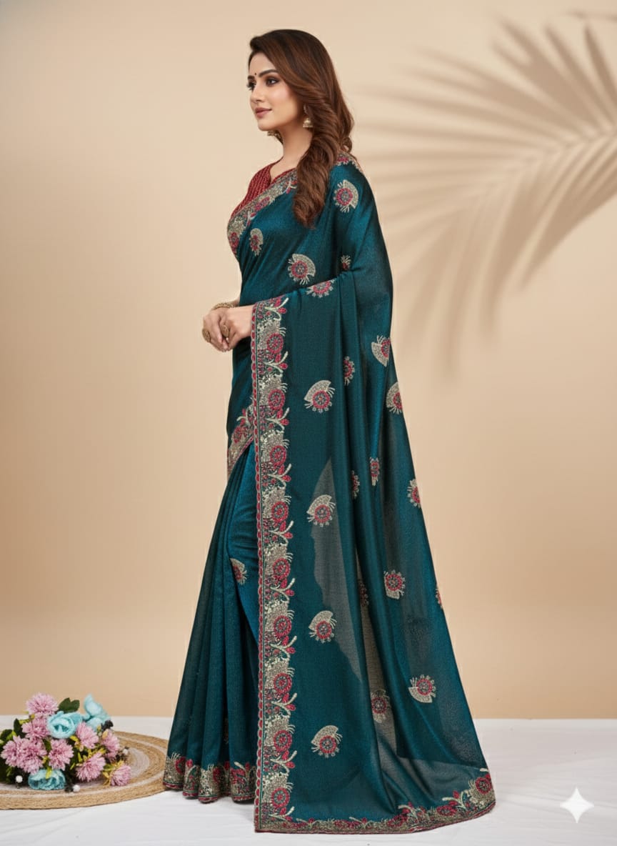 Teal Green Embroidered Lycra Designer Saree