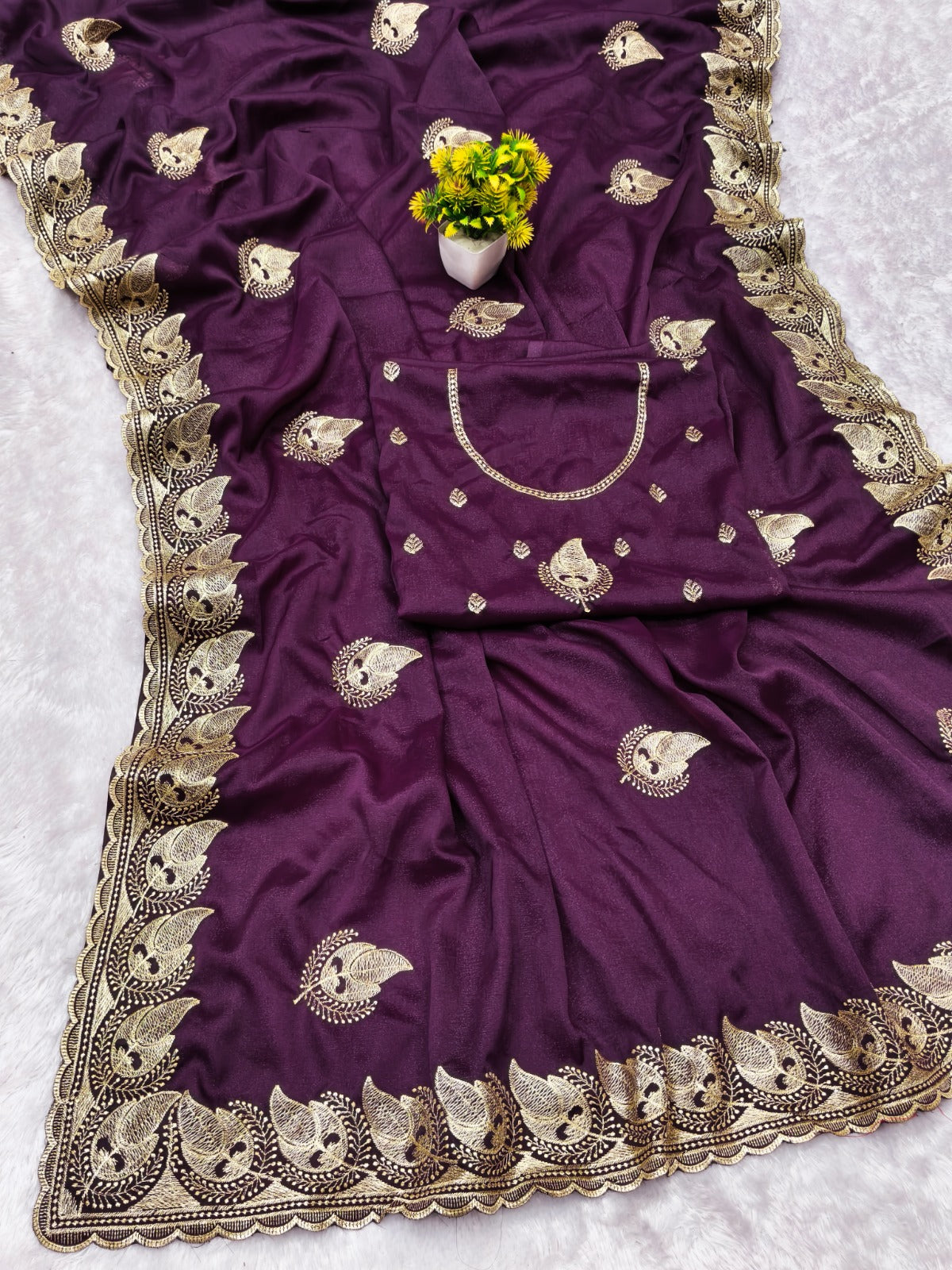 Zegoom Purple Satin Silk Saree with Gold Paisley Embroidery