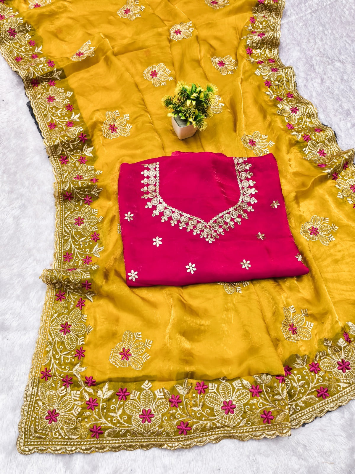 Designer Yellow Saree with Floral Embroidery and Zari Work