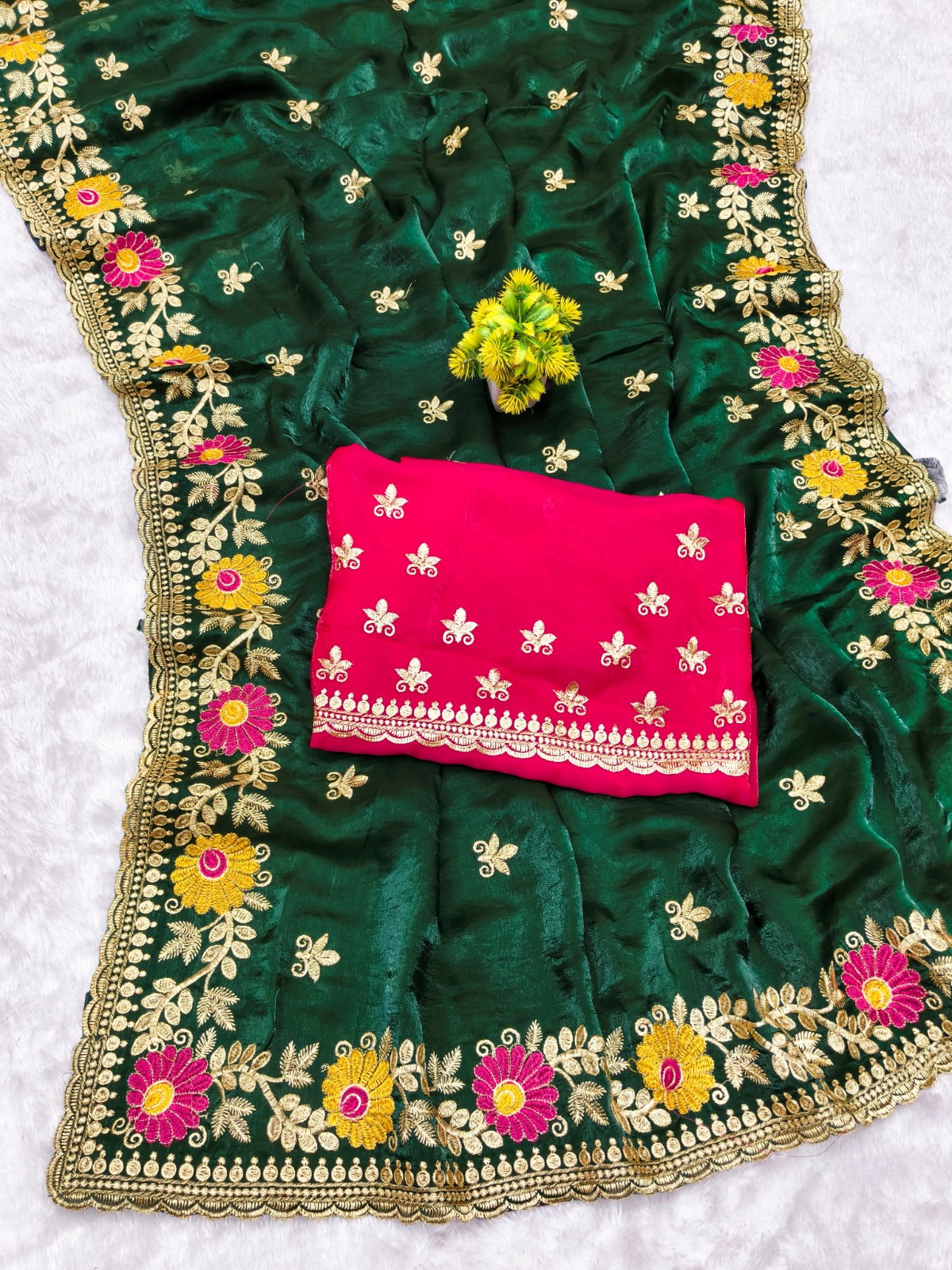Designer Green Floral Embroidered Saree with Fancy Border Work