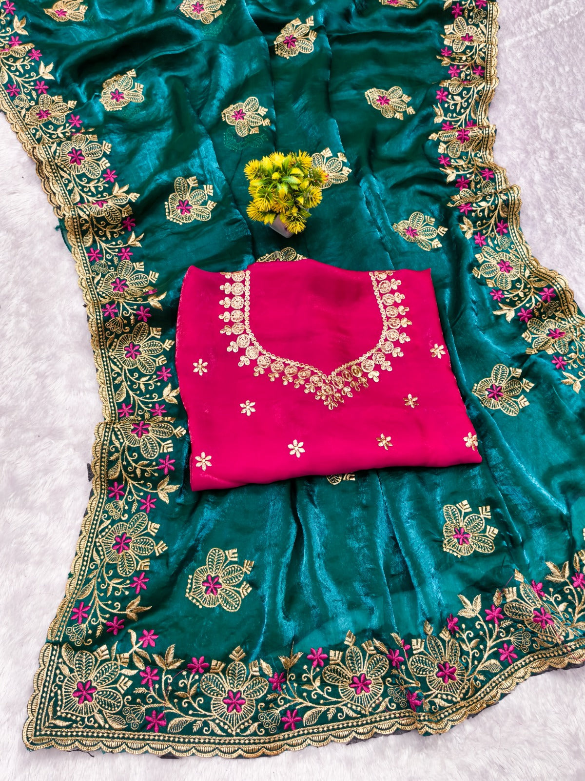 Designer Green Saree with Floral Embroidery and Zari Work
