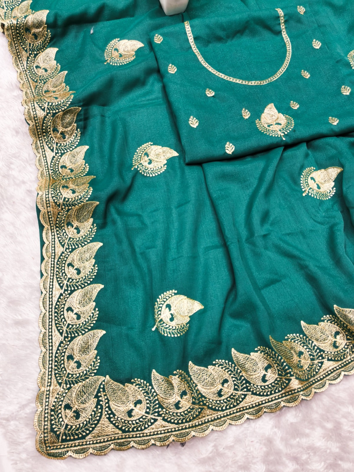 Zegoom Teal Satin Silk Saree with Gold Paisley Embroidery