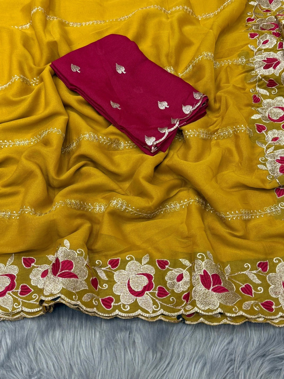 Zegoom Yellow Satin Silk Saree with Floral Embroidery & Scalloped Border