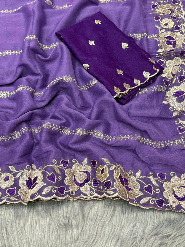 Zegoom Jambali Satin Silk Saree with Floral Embroidery & Scalloped Border