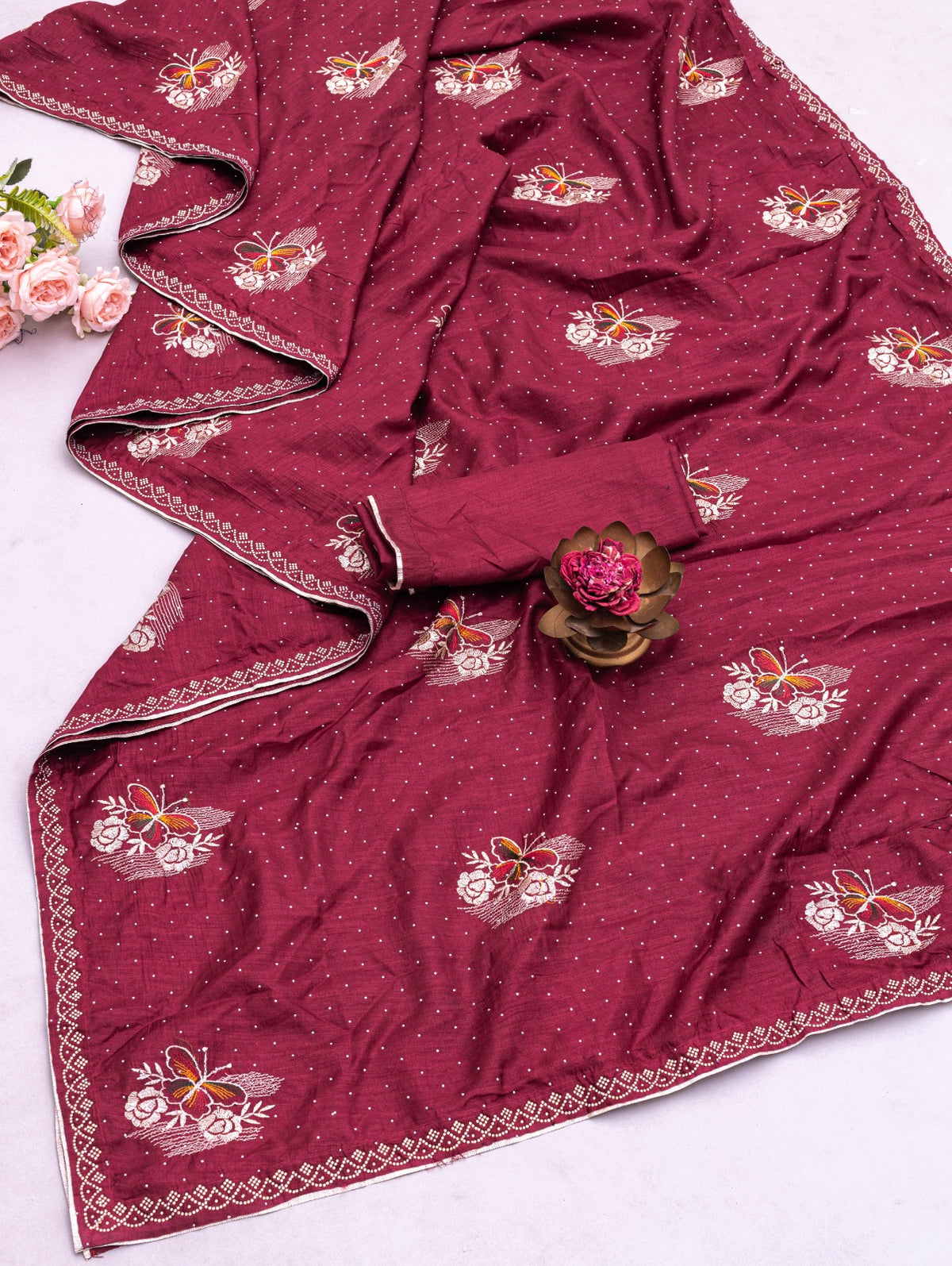 Designer Maroon Jimmy Choo Saree with Embroidered Floral Motifs and Stone Lace