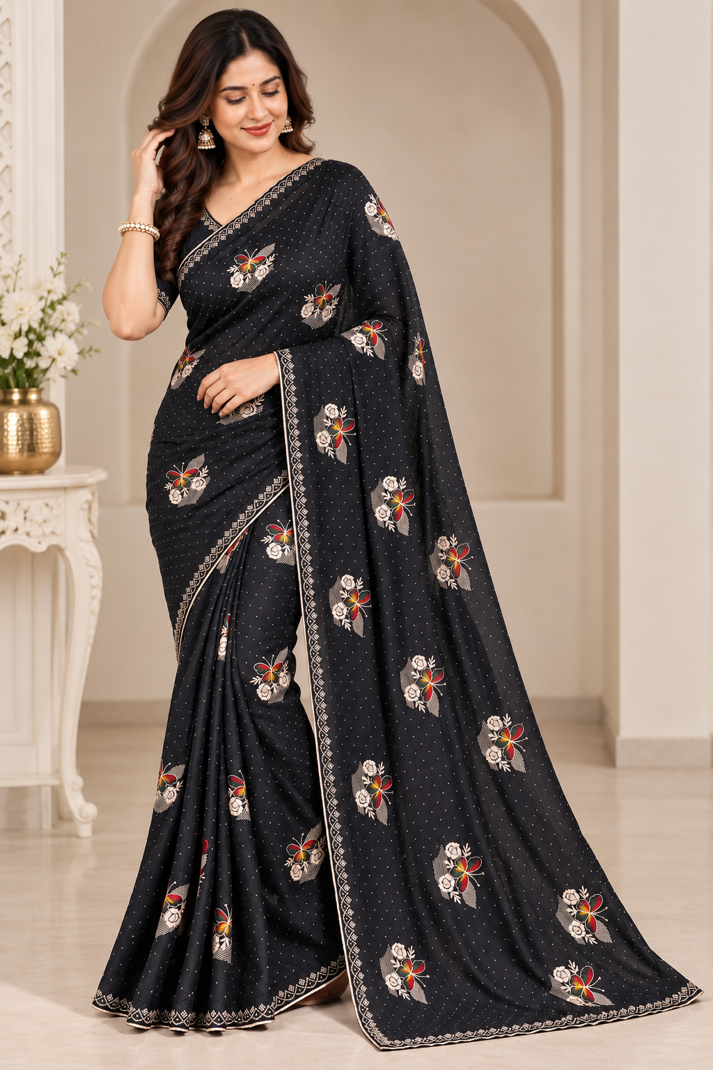 Designer Black Jimmy Choo Saree with Embroidered Floral Motifs and Stone Lace