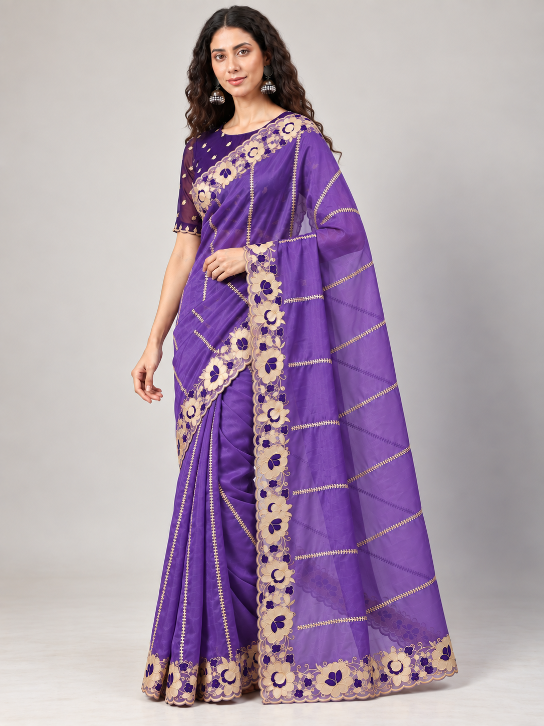 Zegoom Jambali Satin Silk Saree with Floral Embroidery & Scalloped Border