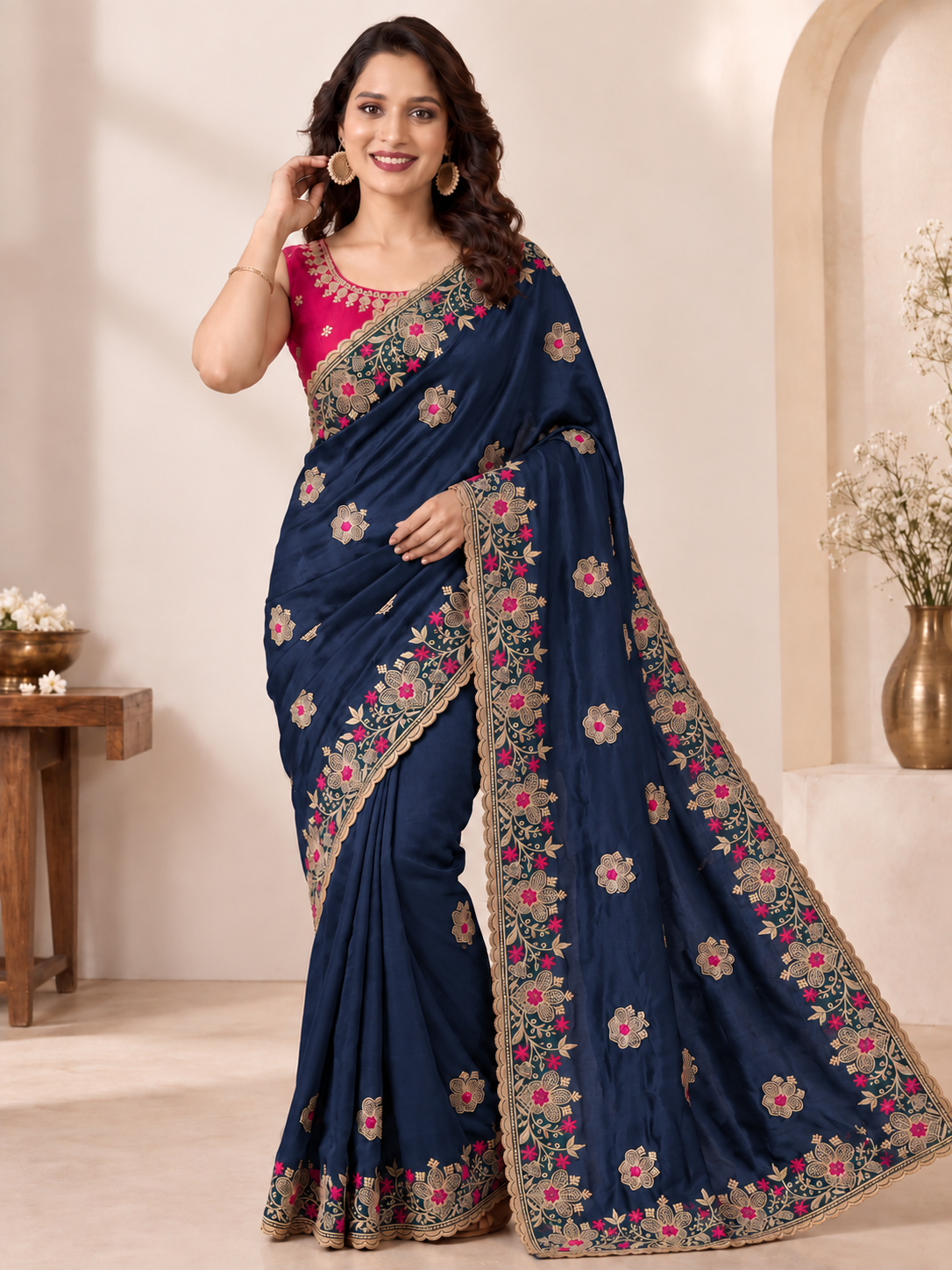 Designer Navy Blue Saree with Floral Embroidery and Zari Work