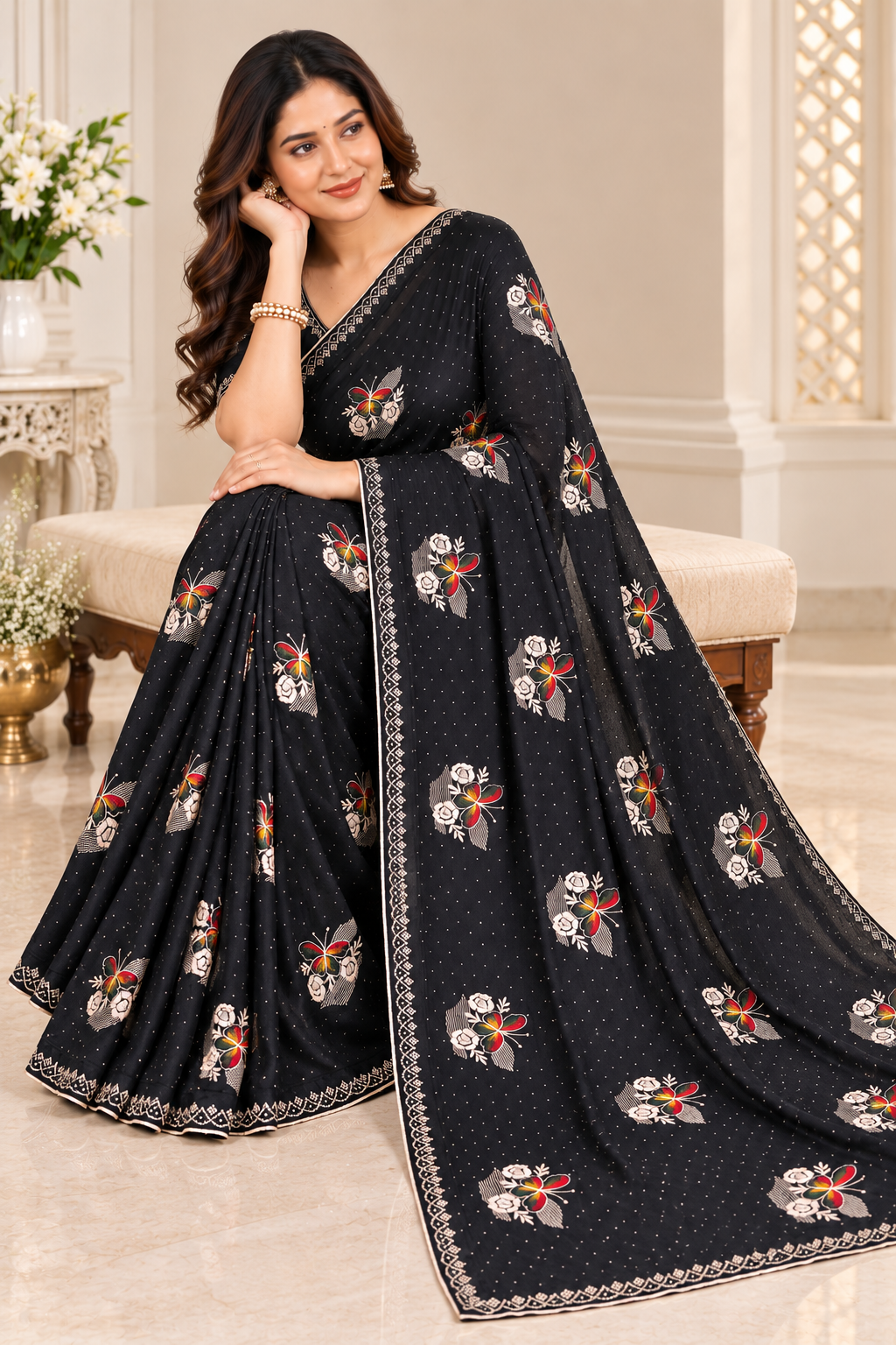 Designer Black Jimmy Choo Saree with Embroidered Floral Motifs and Stone Lace