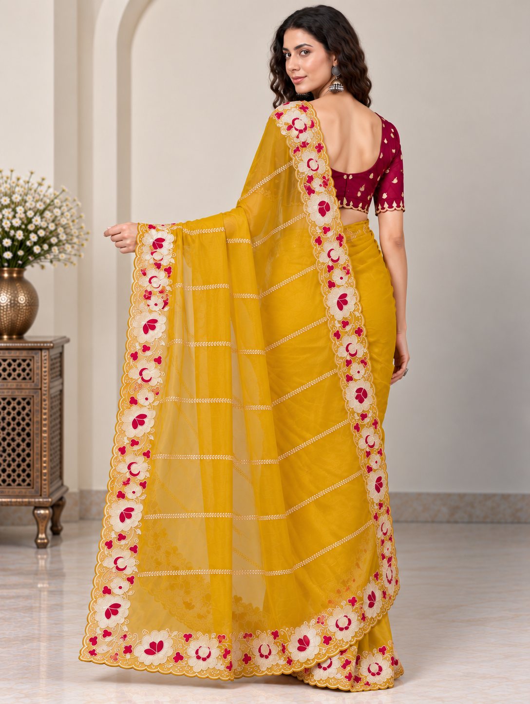 Zegoom Yellow Satin Silk Saree with Floral Embroidery & Scalloped Border