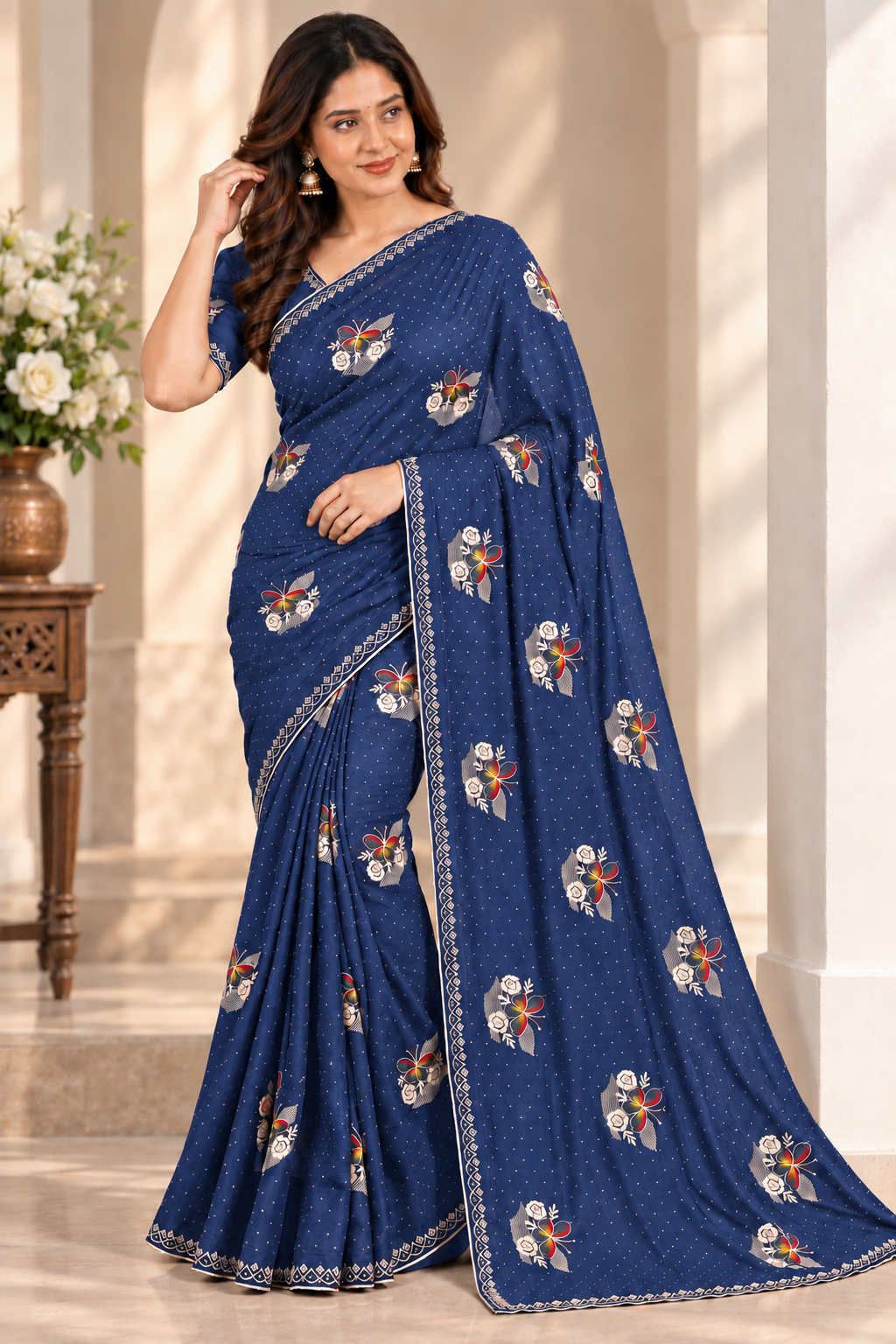 Party Wear Navy Blue Saree with Floral Embroidery and Stone Work Border