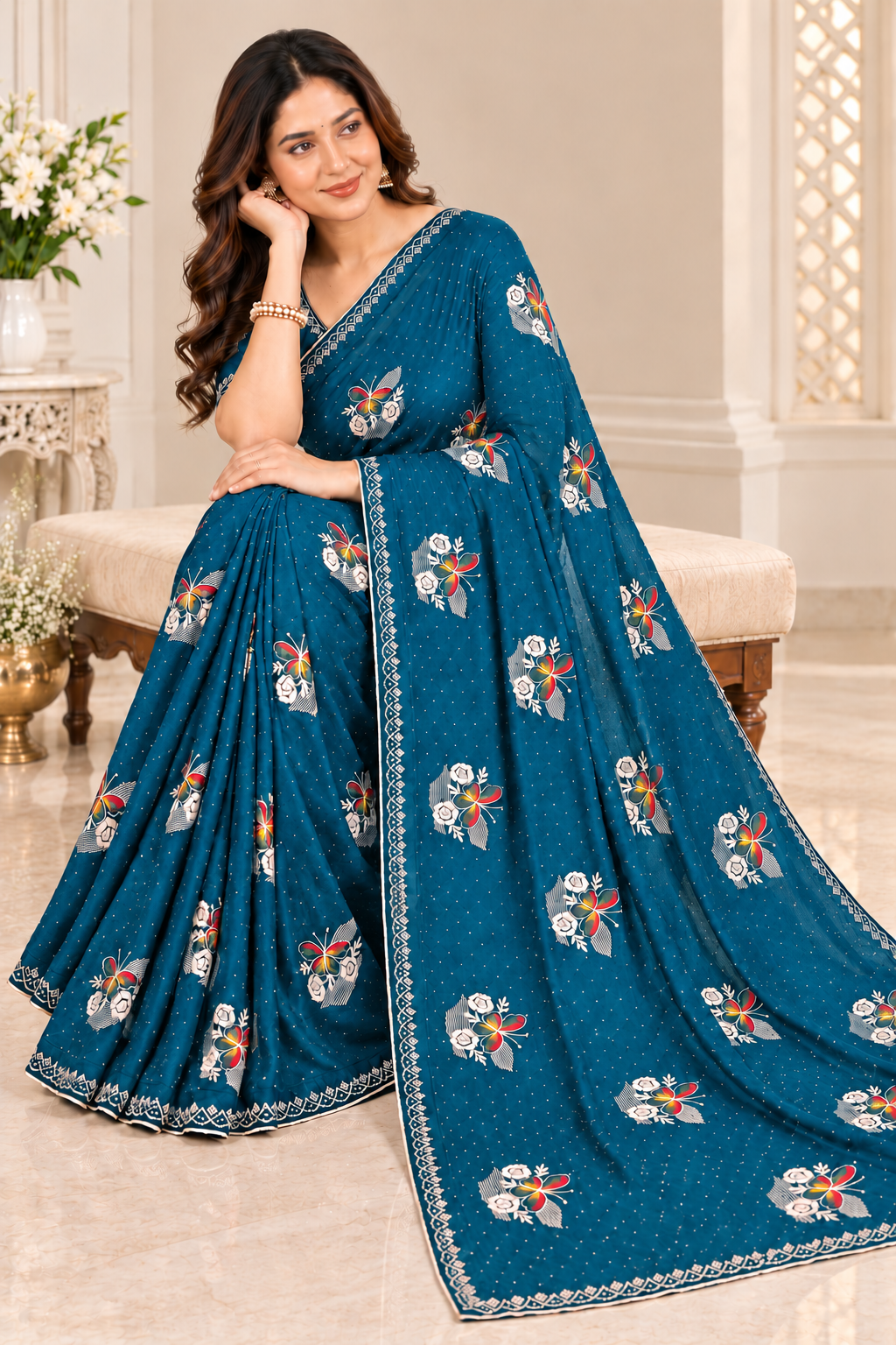 Designer Teal Jimmy Choo Saree with Embroidered Floral Motifs and Stone Lace