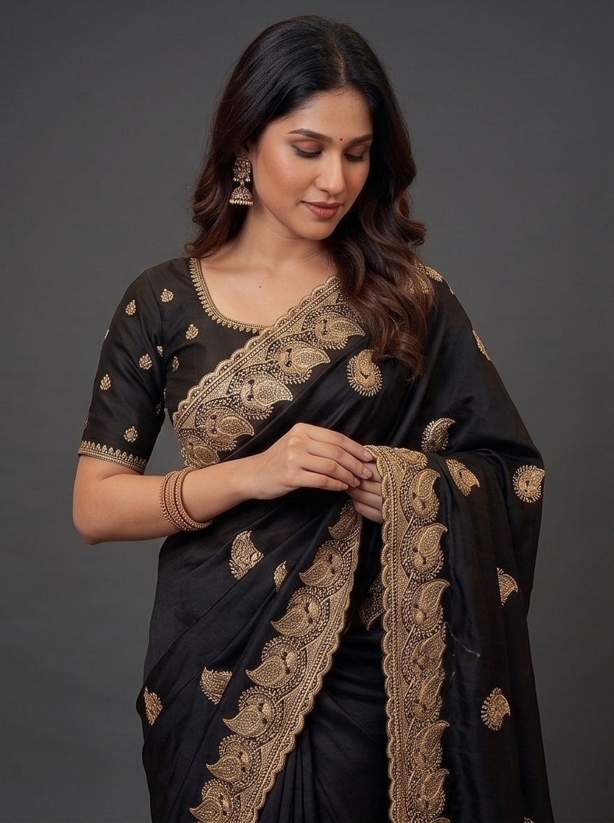 Zegoom Black Satin Silk Saree with Gold Paisley Embroidery