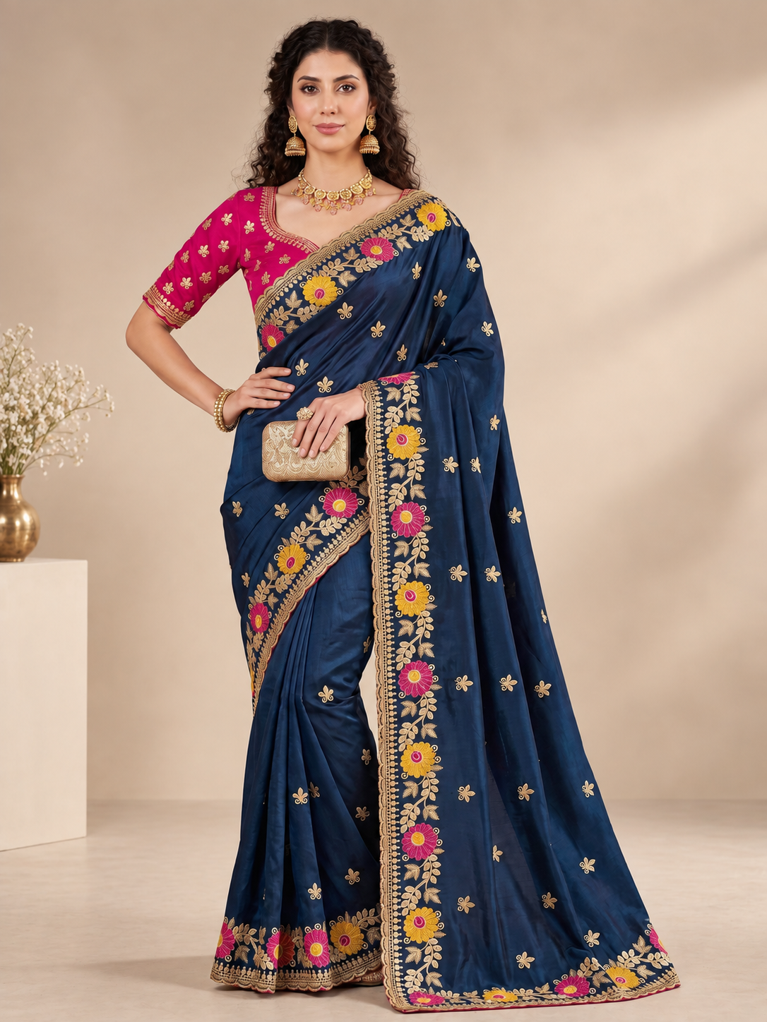 Designer Navy Blue Floral Embroidered Saree with Fancy Border Work