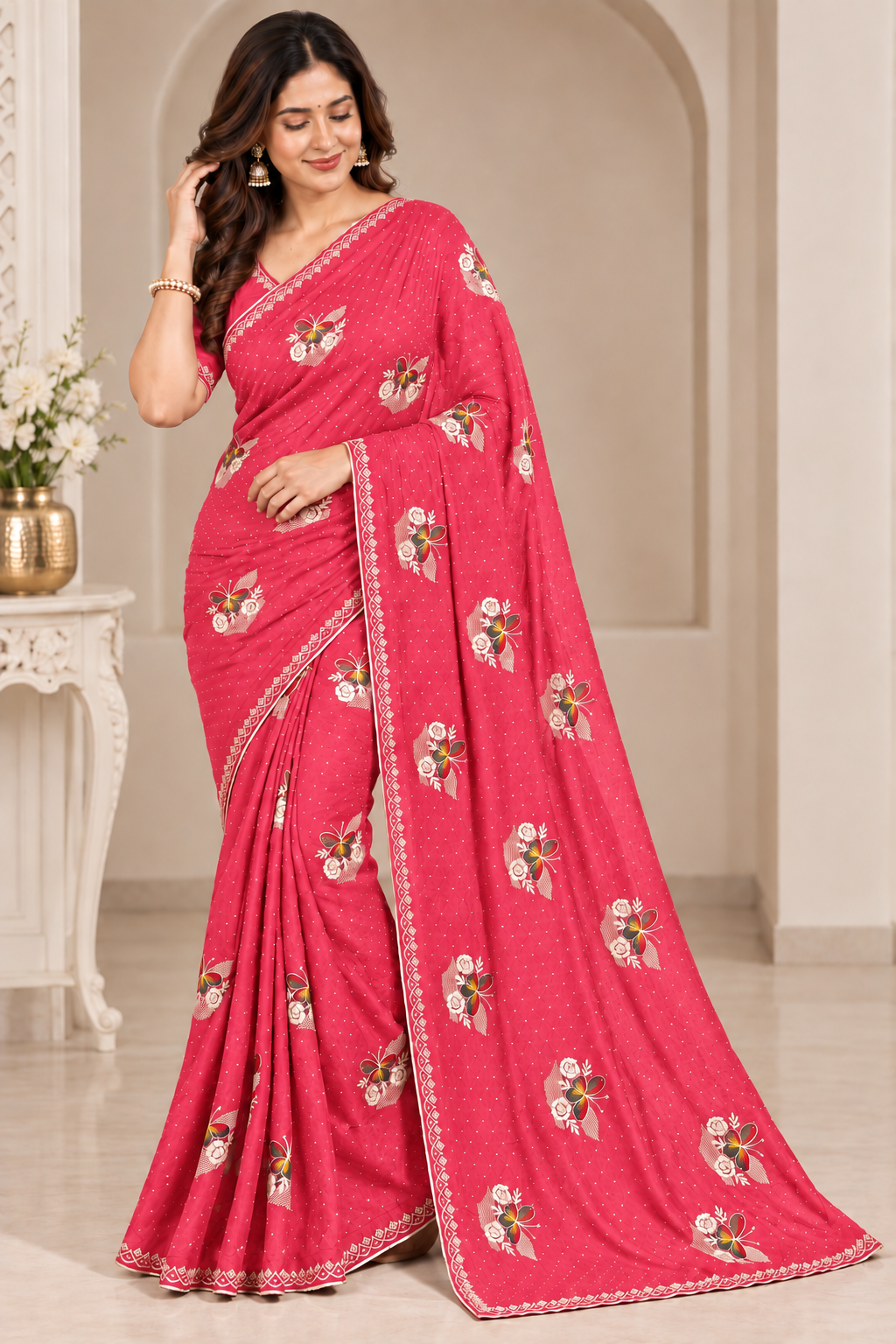 Pink Jimmy Choo Saree with Multicolor Floral Embroidery & Stone Work Lace Border