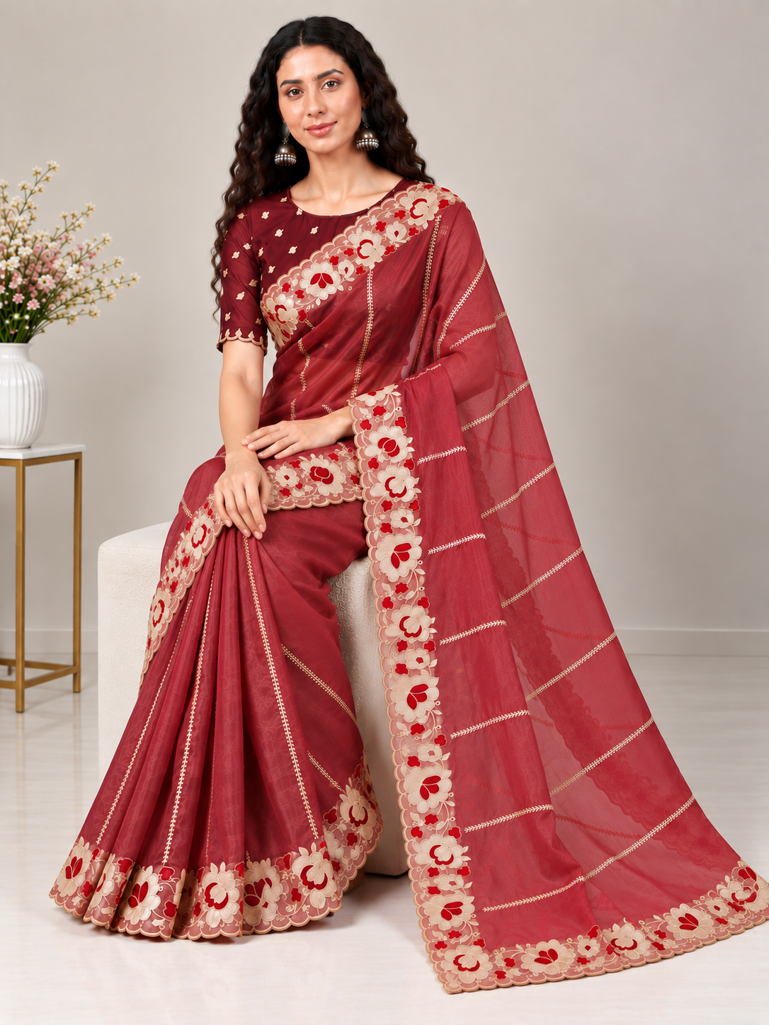 Zegoom Red Satin Silk Saree with Floral Embroidery & Scalloped Border