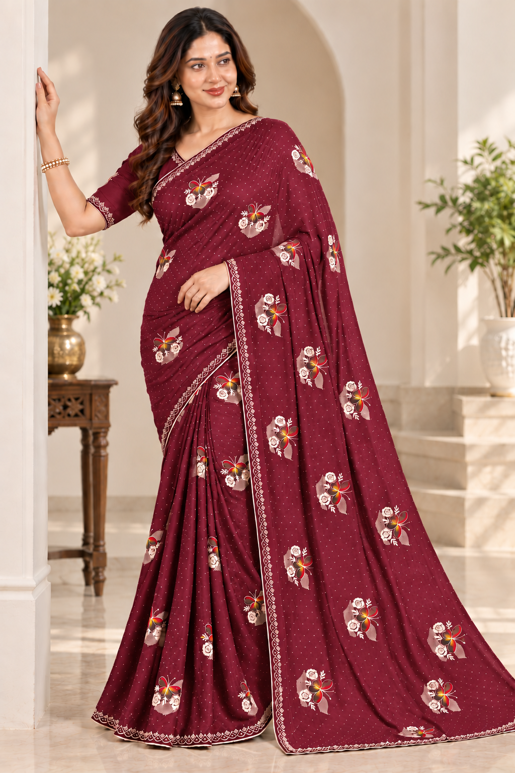 Designer Maroon Jimmy Choo Saree with Embroidered Floral Motifs and Stone Lace