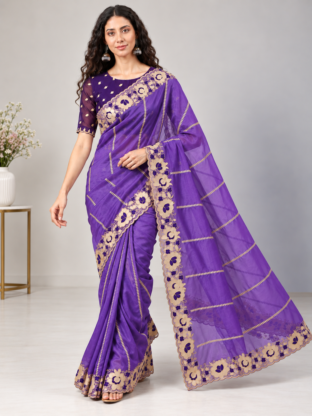 Zegoom Jambali Satin Silk Saree with Floral Embroidery & Scalloped Border