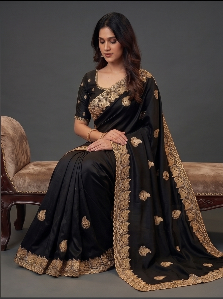 Zegoom Black Satin Silk Saree with Gold Paisley Embroidery