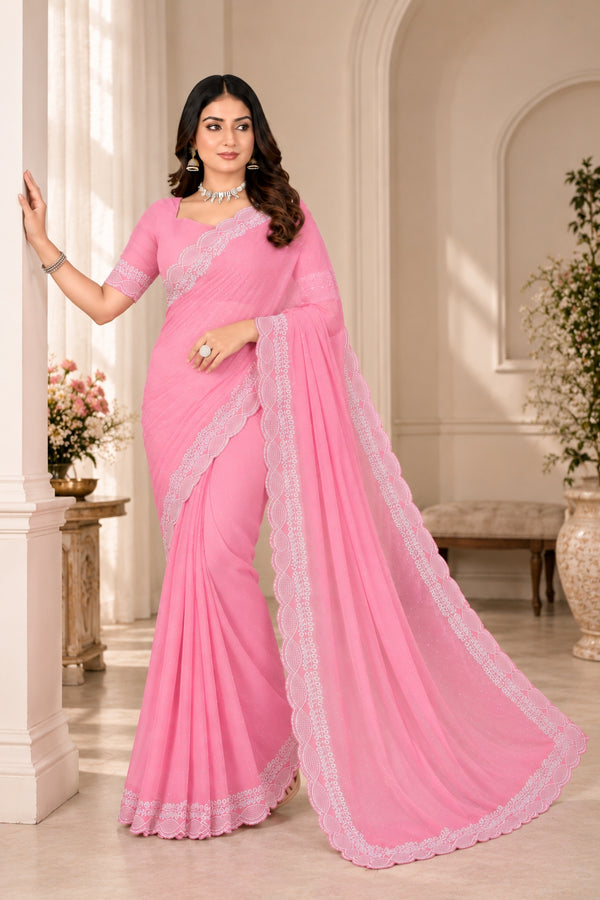 Pink Stone Work Georgette Saree with Embroidered Lace Border