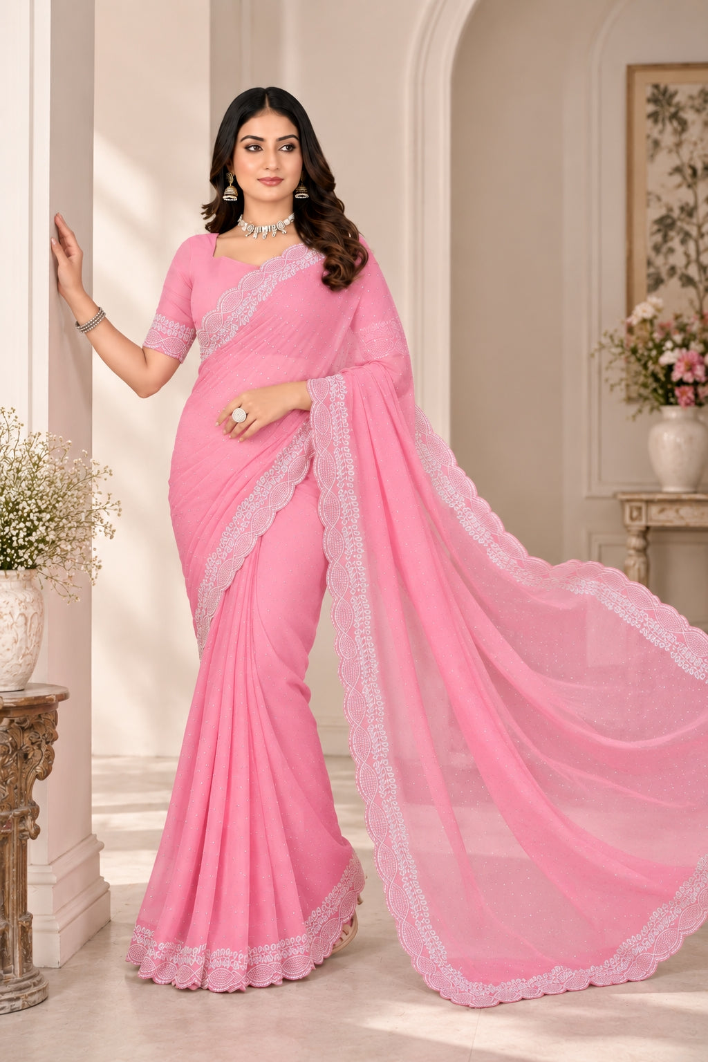 Pink Stone Work Georgette Saree with Embroidered Lace Border