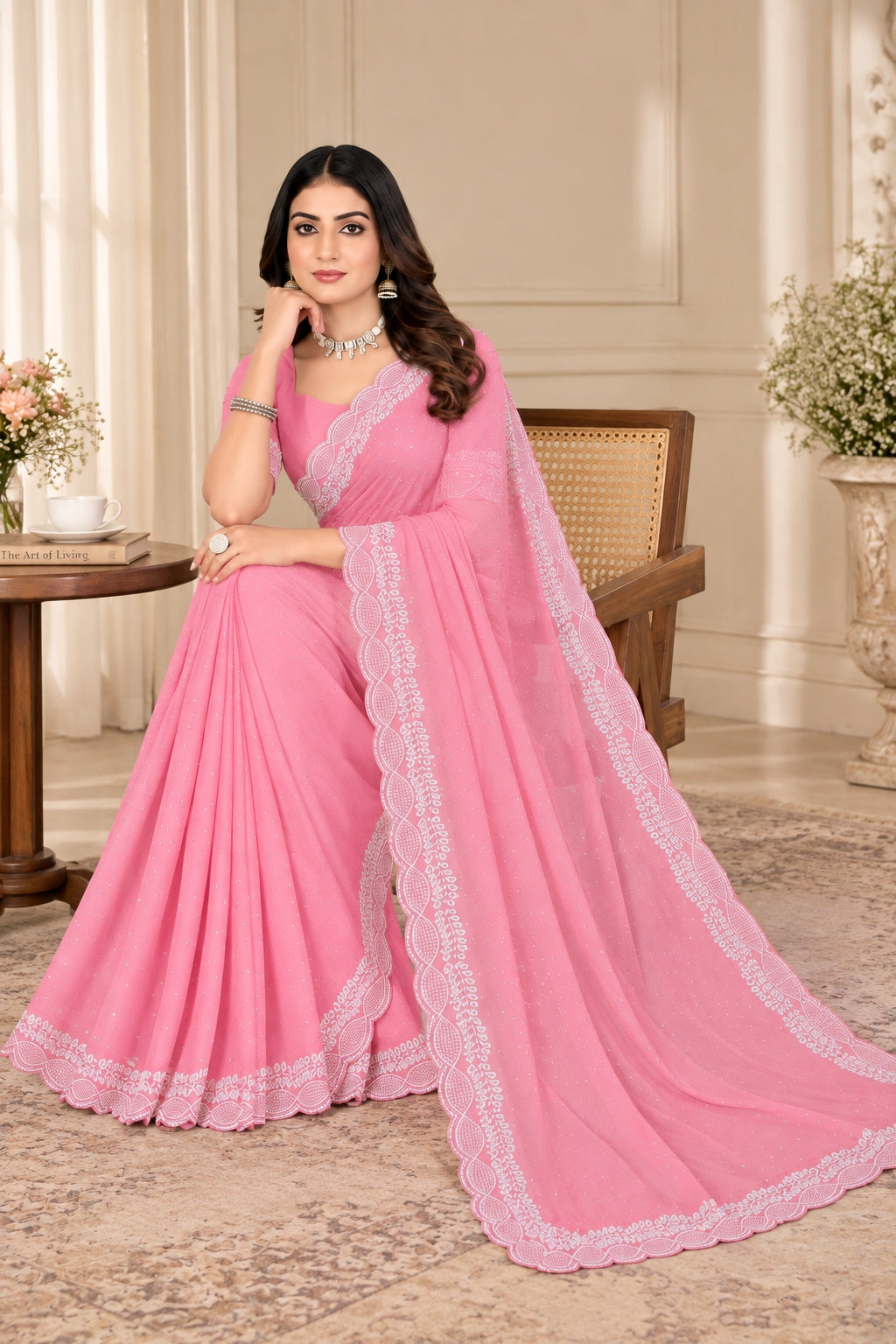 Pink Stone Work Georgette Saree with Embroidered Lace Border