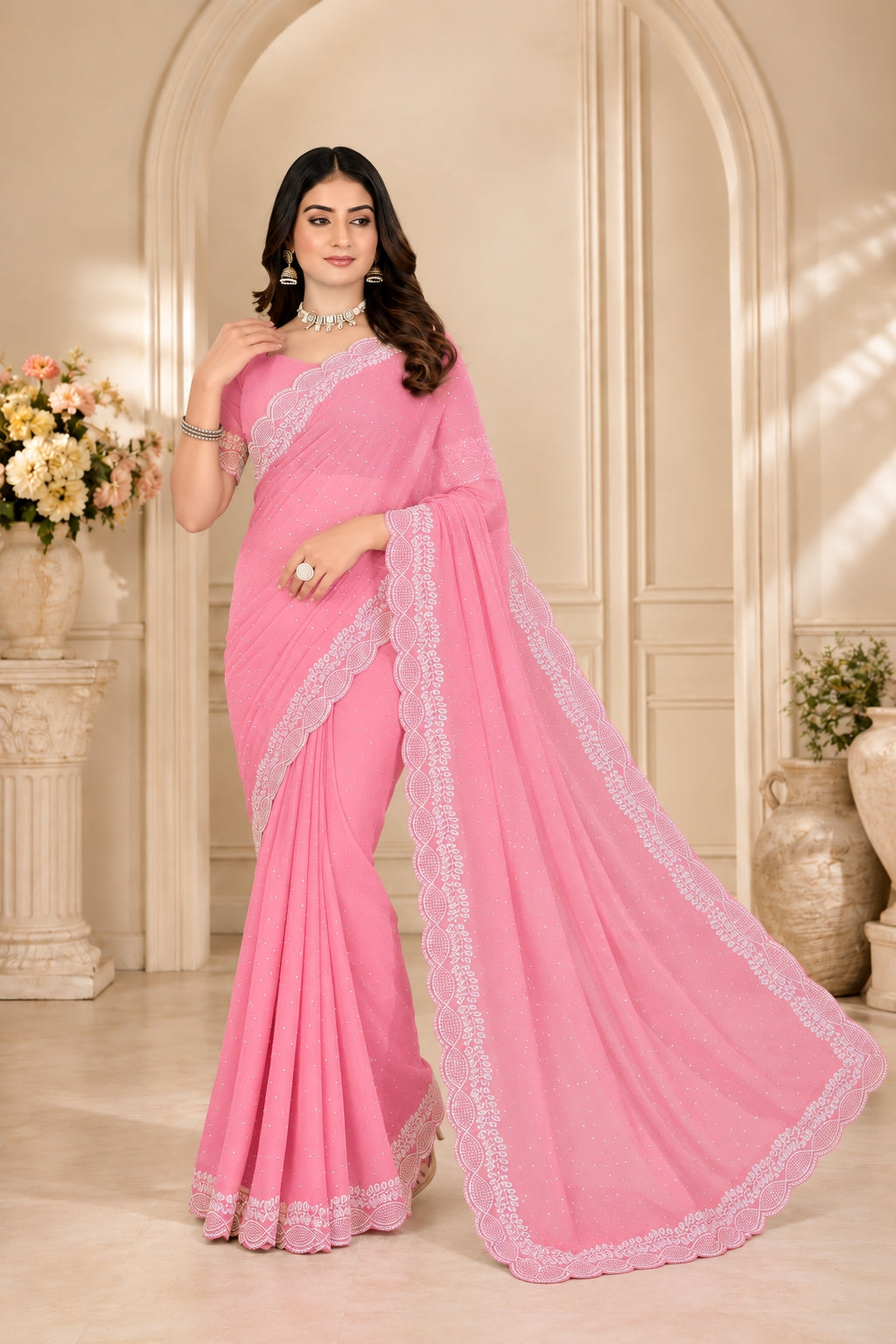 Pink Stone Work Georgette Saree with Embroidered Lace Border