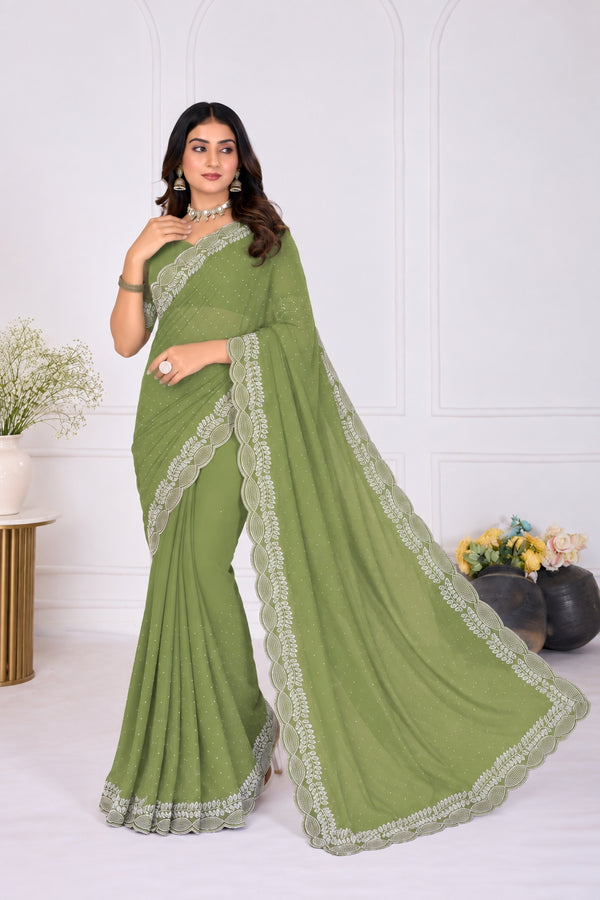 Olive Green Stone Work Georgette Saree with Embroidered Lace Border