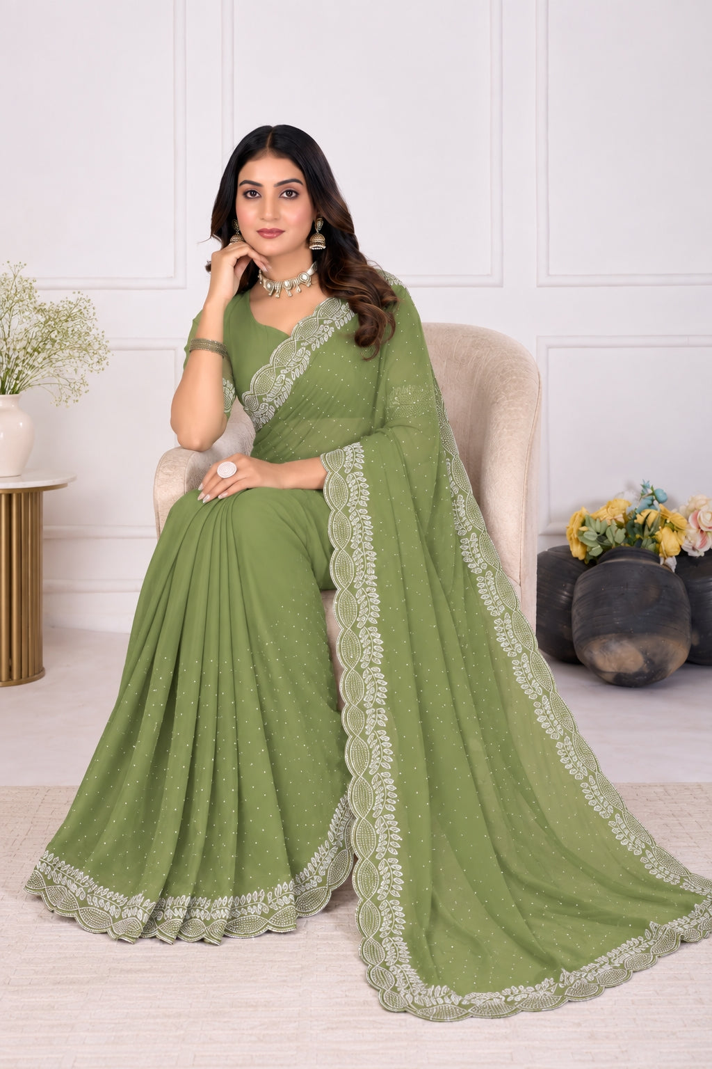 Olive Green Stone Work Georgette Saree with Embroidered Lace Border