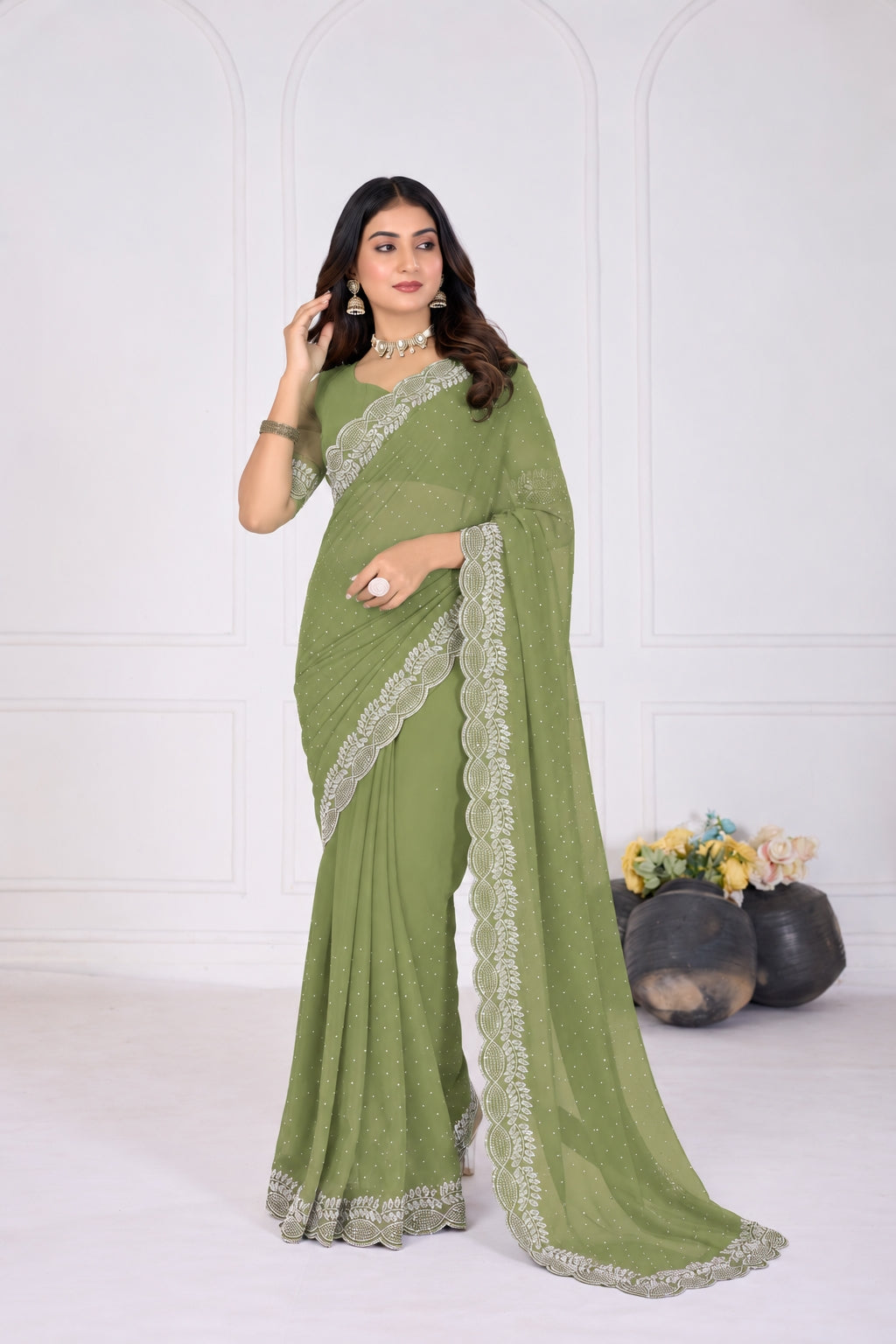 Olive Green Stone Work Georgette Saree with Embroidered Lace Border