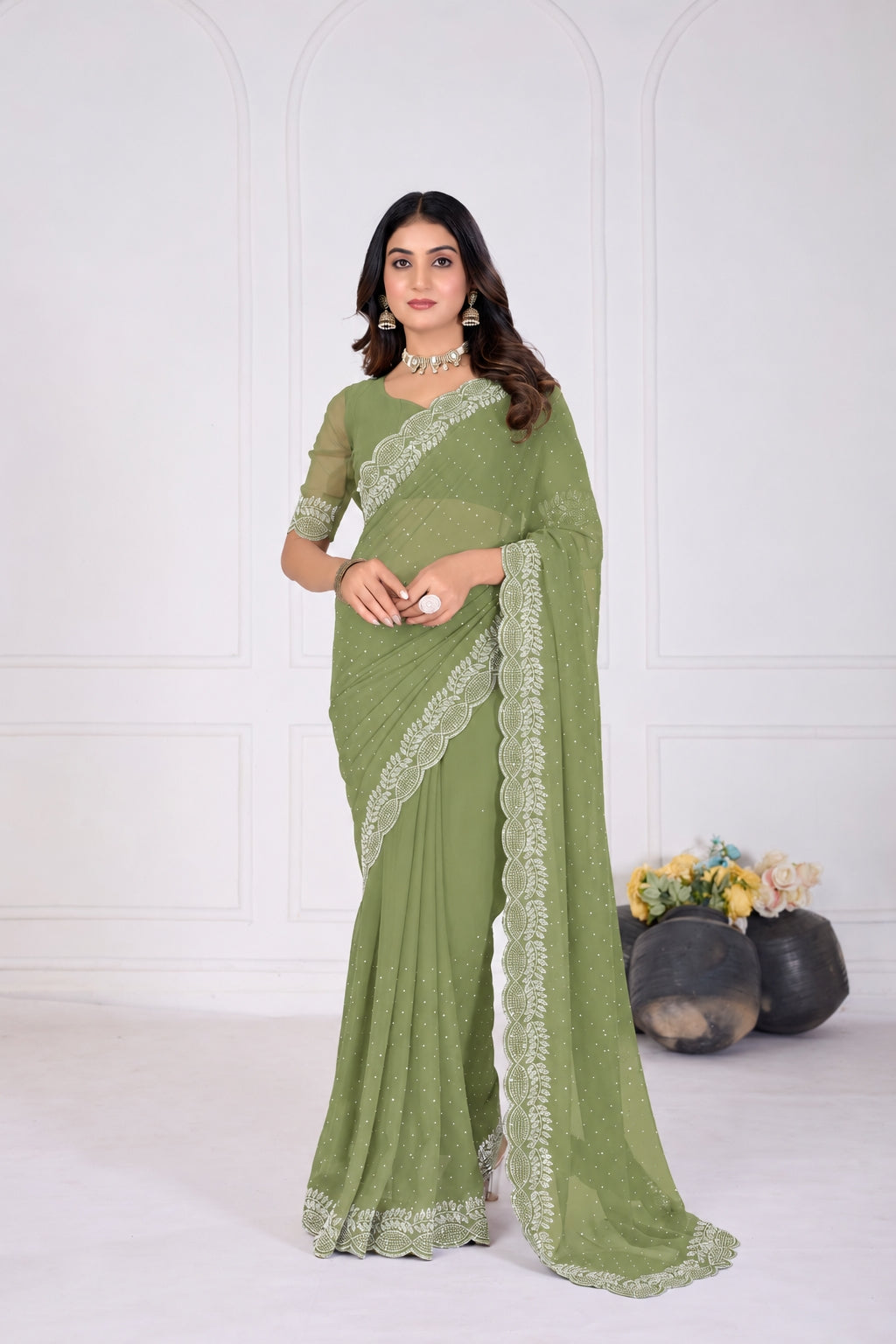 Olive Green Stone Work Georgette Saree with Embroidered Lace Border