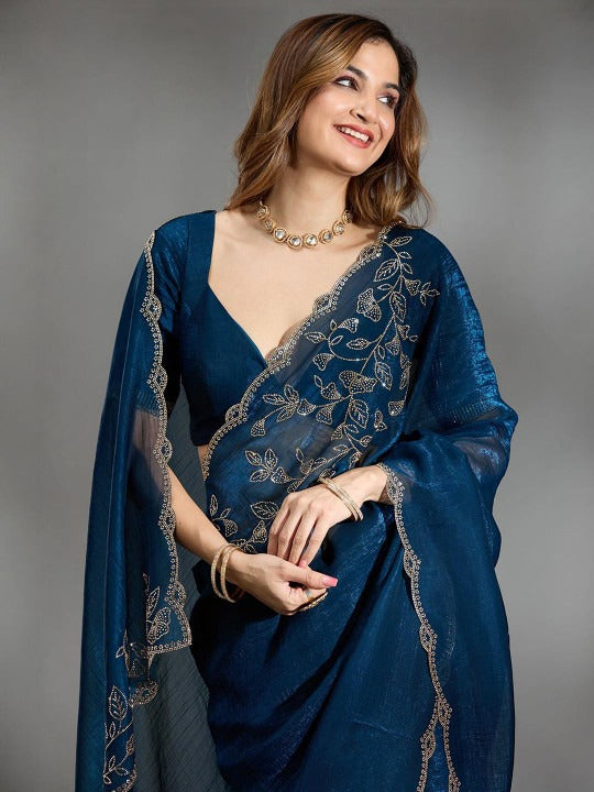 Elegant Blue Saree with Floral Embroidery Border