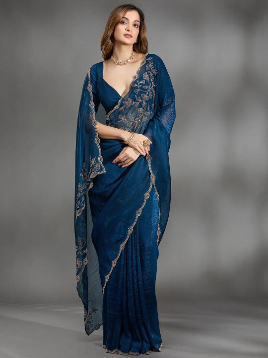 Elegant Blue Saree with Floral Embroidery Border