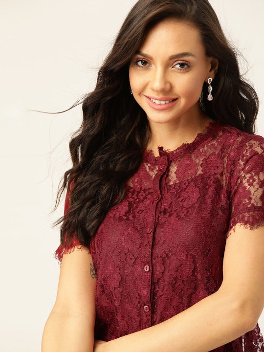 Elegant Burgundy Lace Top with Short Sleeves