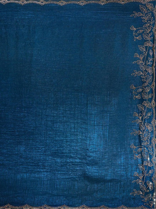 Elegant Blue Saree with Floral Embroidery Border