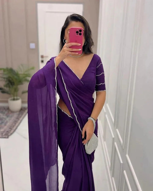 Alluring Designer georgette solid purple laced saree with blouse piece