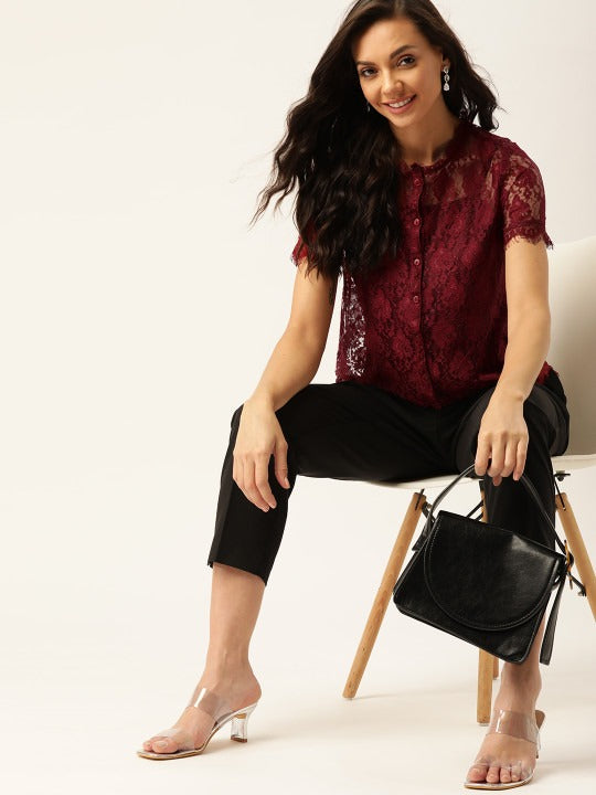Elegant Burgundy Lace Top with Short Sleeves
