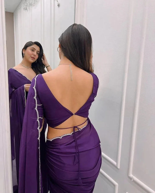 Alluring Designer georgette solid purple laced saree with blouse piece