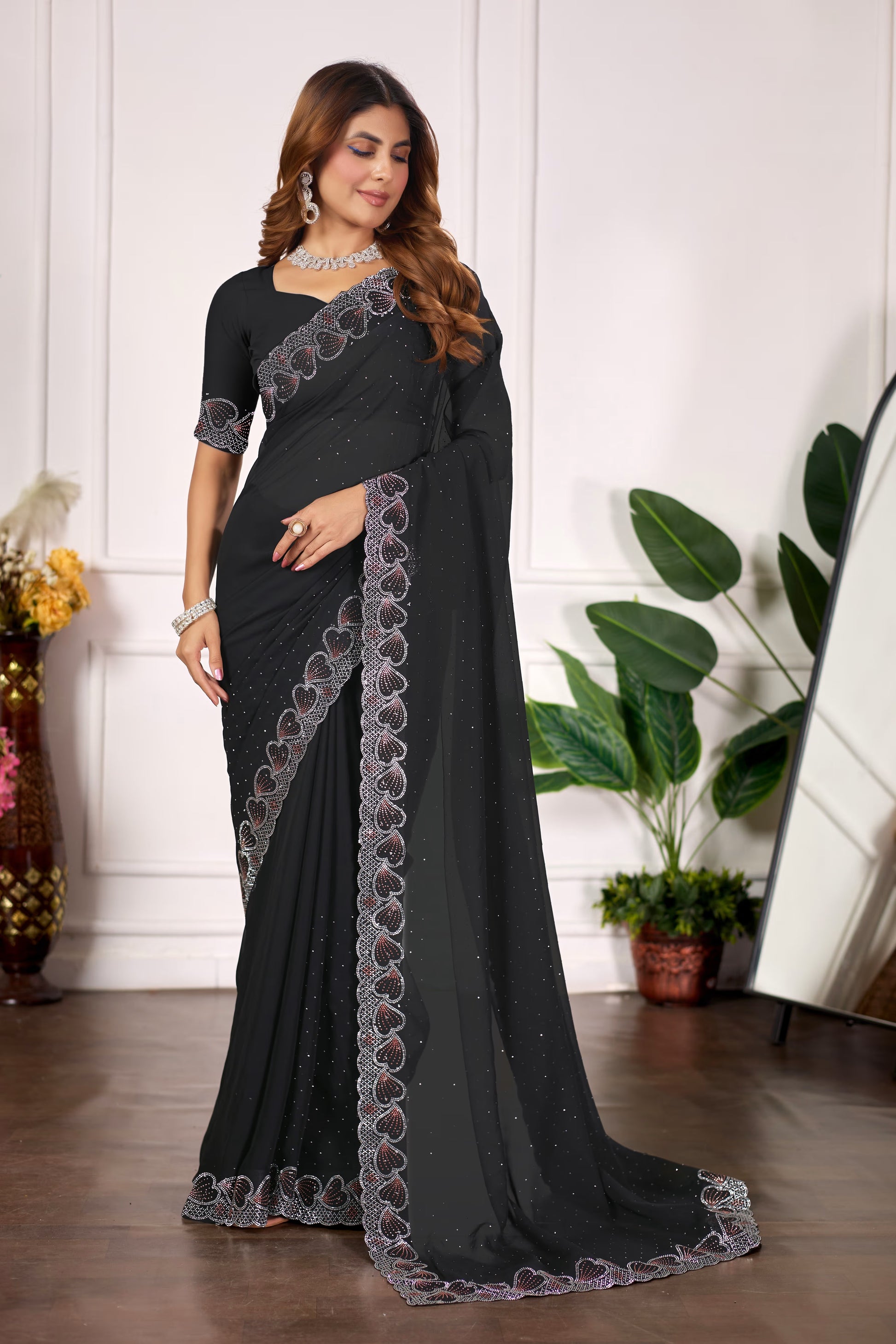 Designer Diamond Work Saree with Embroidered Border & Matching Blouse