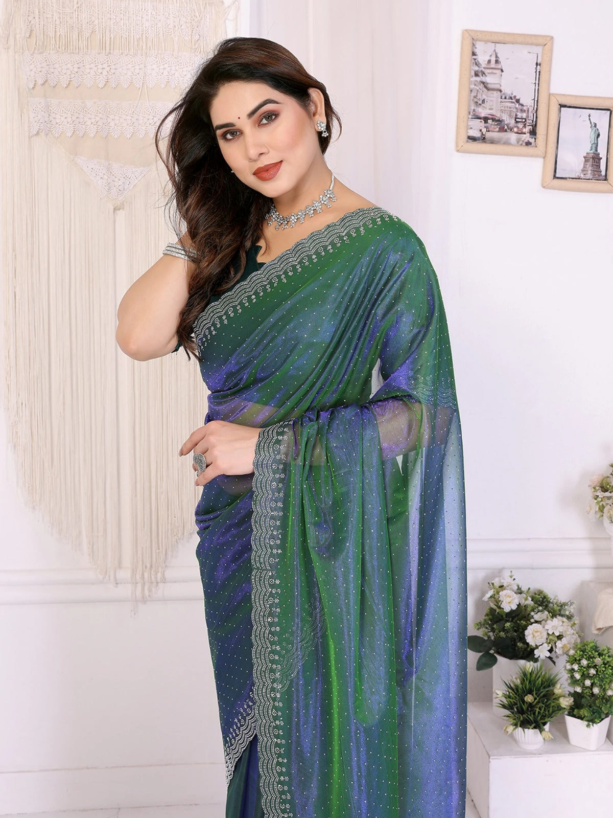 Green Saree with Silver Embroidery Border